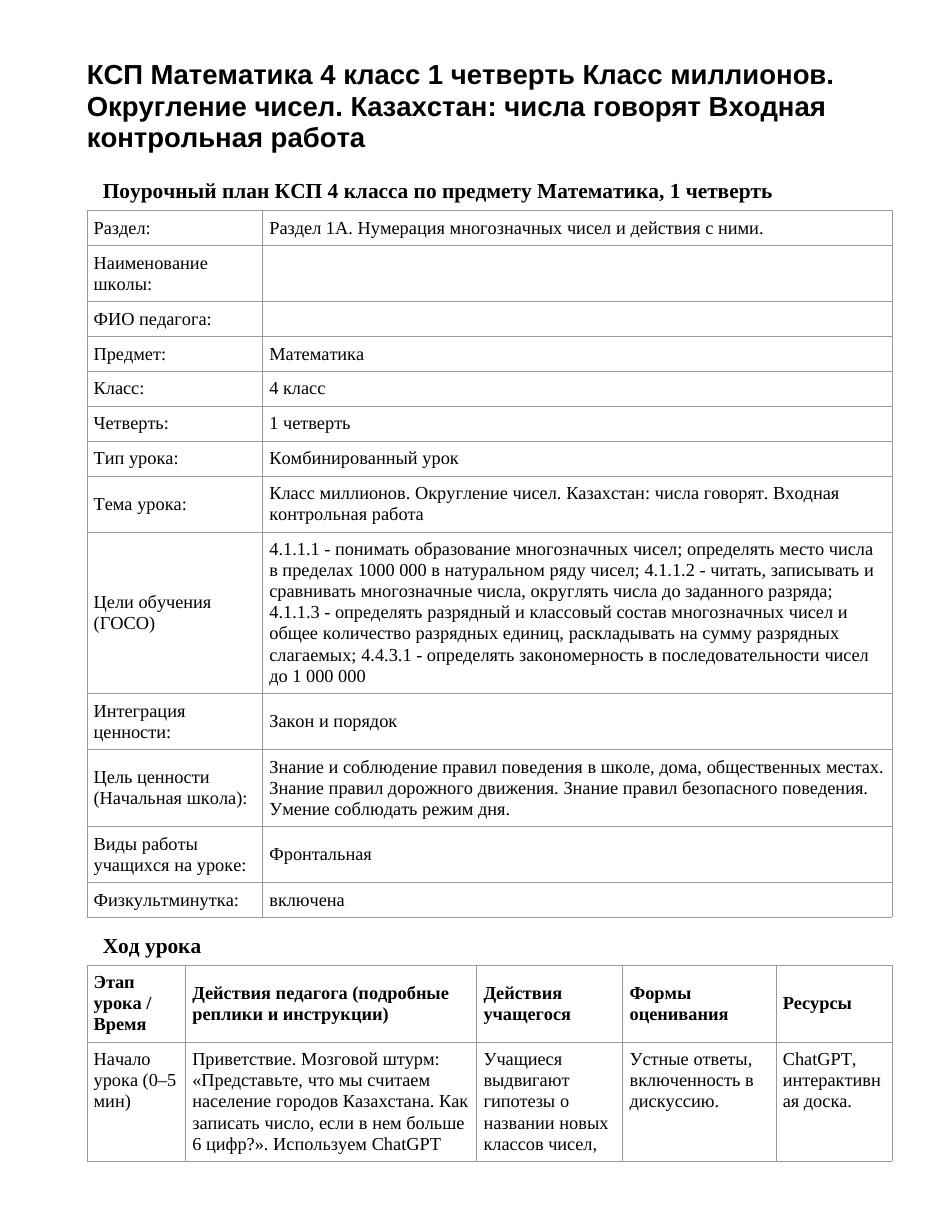 КСП Математика 4 класс 1 четверть Класс миллионов. Округление чисел. Казахстан: числа говорят Входная контрольная работа
