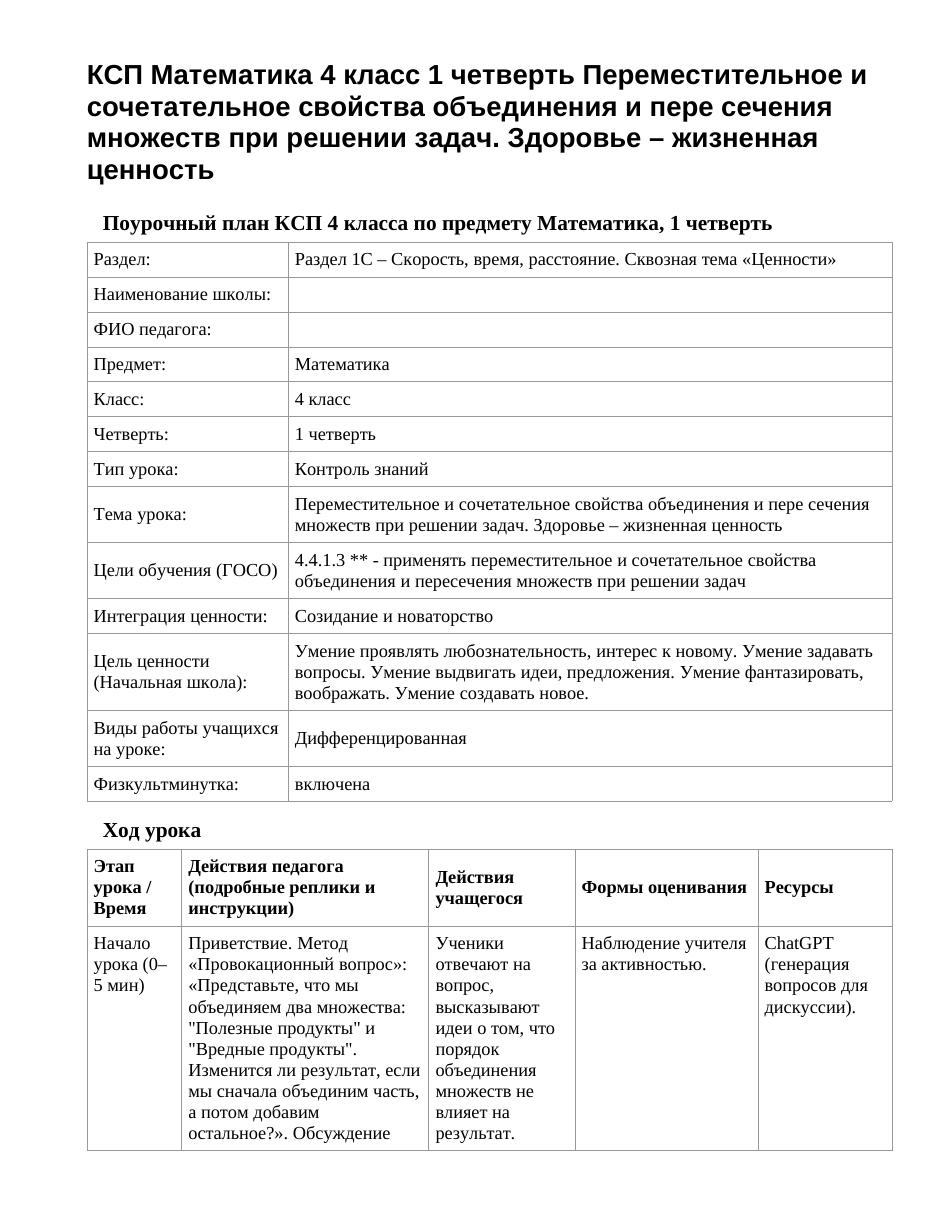 КСП Математика 4 класс 1 четверть Переместительное и сочетательное свойства объединения и пере сечения множеств при решении задач. Здоровье – жизненная ценность