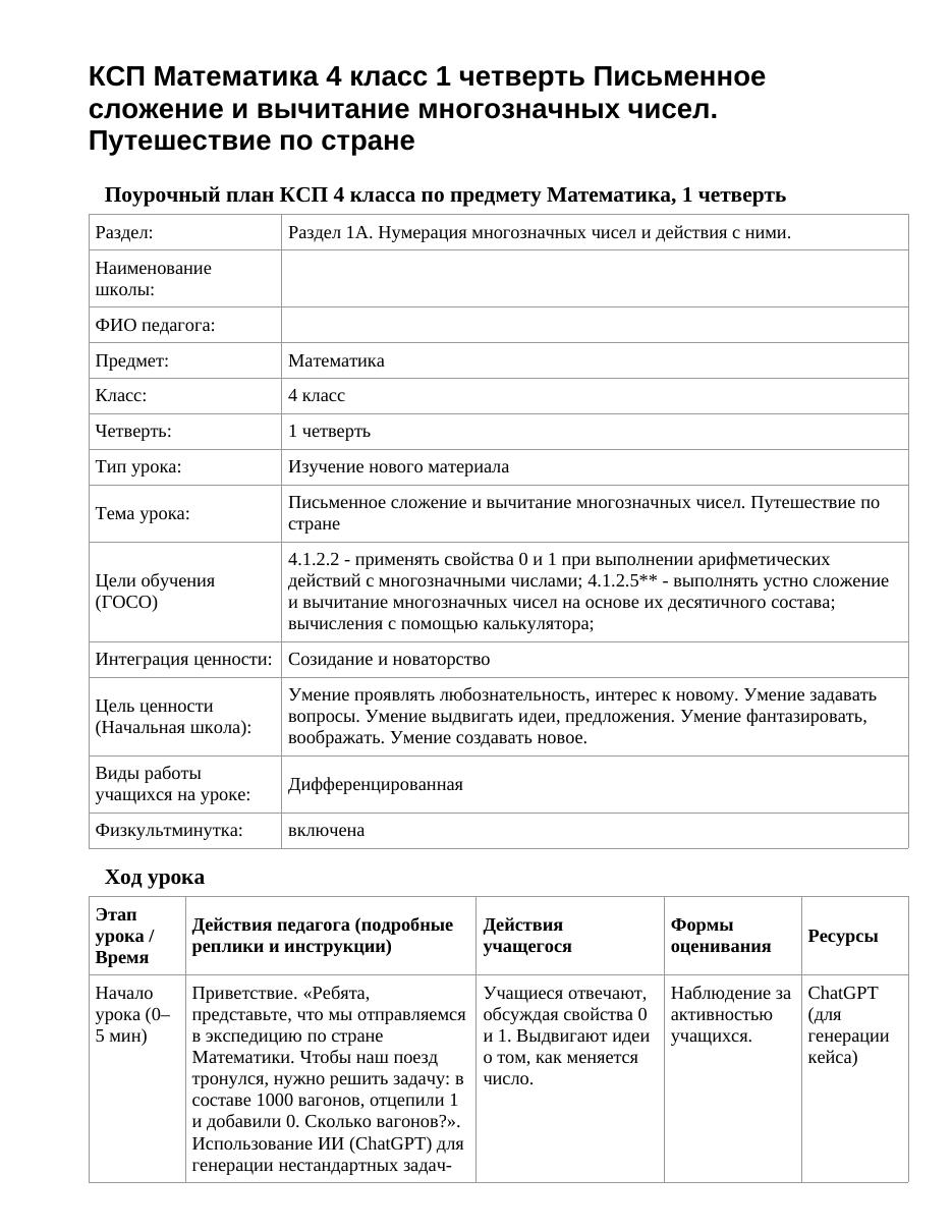 КСП Математика 4 класс 1 четверть Письменное сложение и вычитание многозначных чисел. Путешествие по стране
