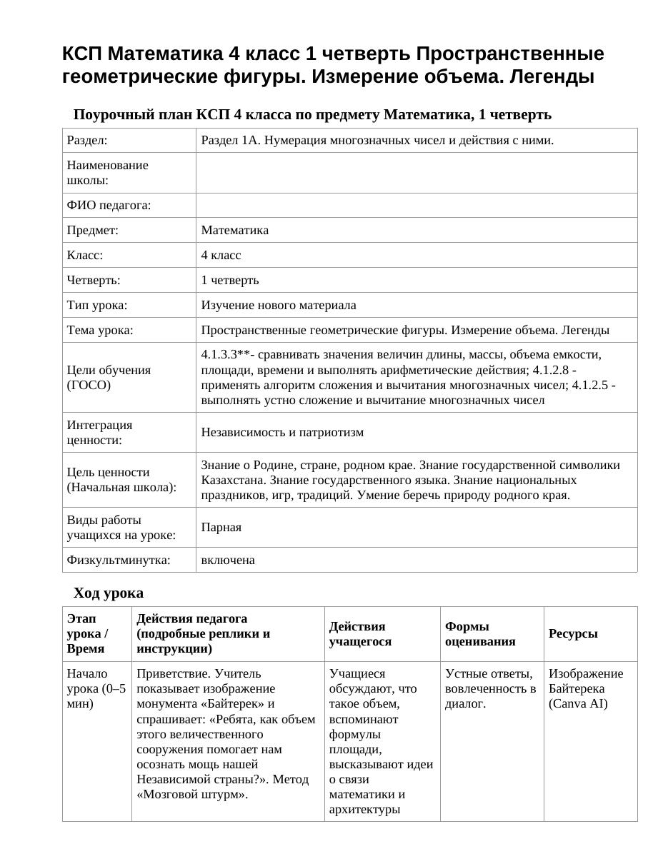 КСП Математика 4 класс 1 четверть Пространственные геометрические фигуры. Измерение объема. Легенды