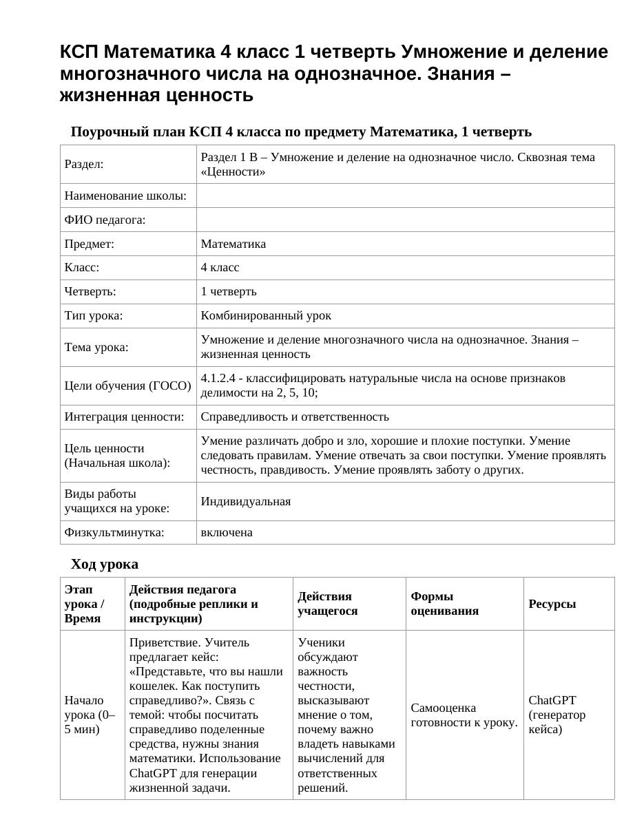 КСП Математика 4 класс 1 четверть Умножение и деление многозначного числа на однозначное. Знания – жизненная ценность