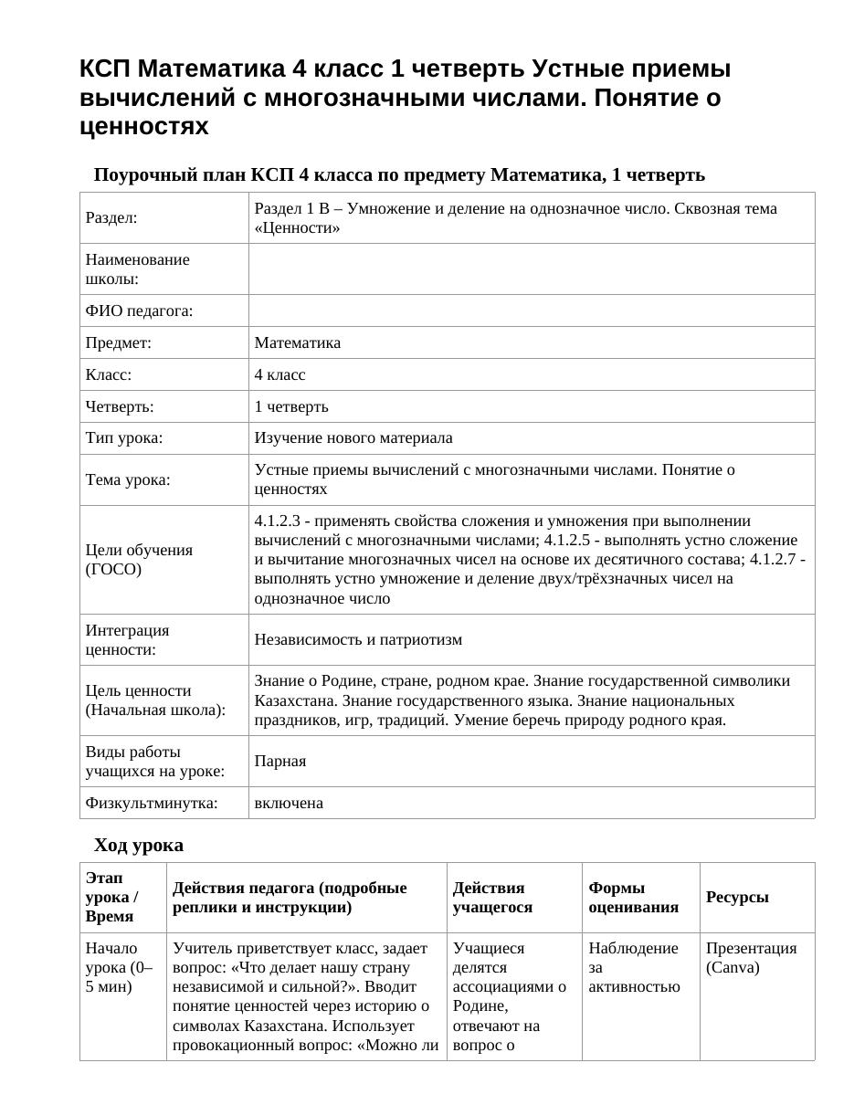 КСП Математика 4 класс 1 четверть Устные приемы вычислений с многозначными числами. Понятие о ценностях