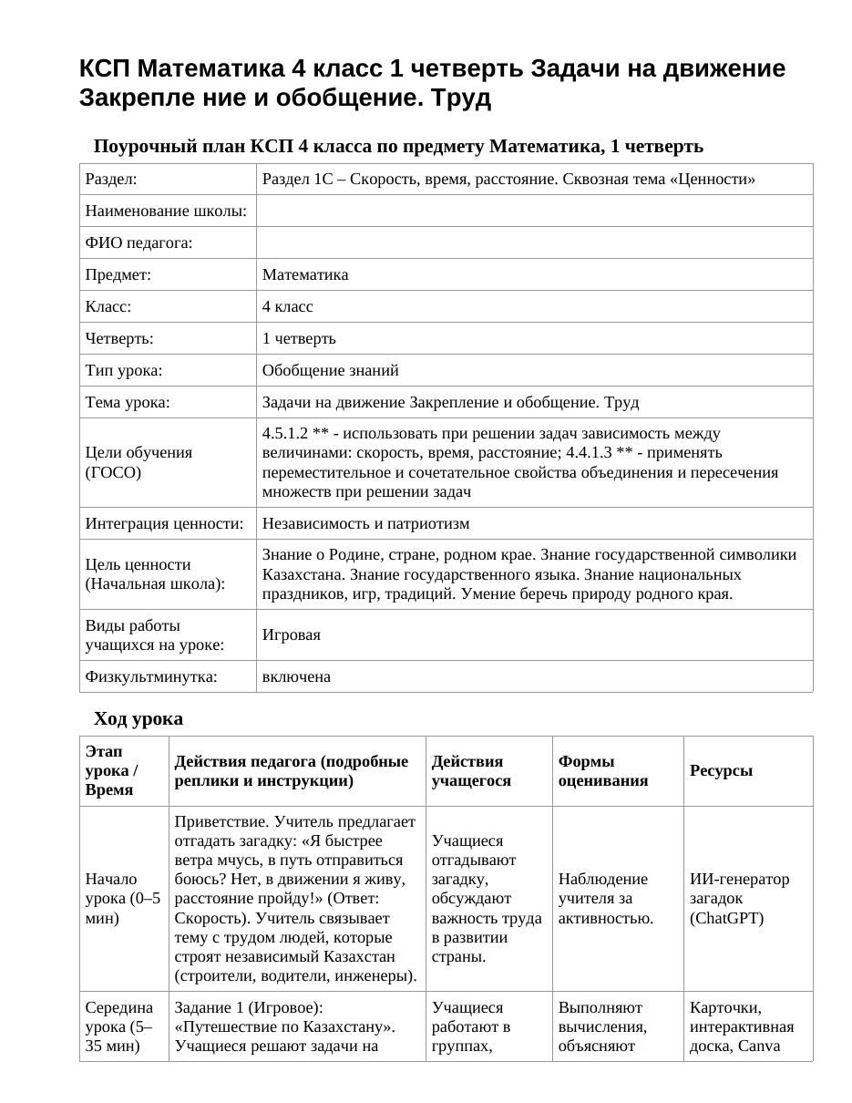 КСП Математика 4 класс 1 четверть Задачи на движение Закрепле ние и обобщение. Труд