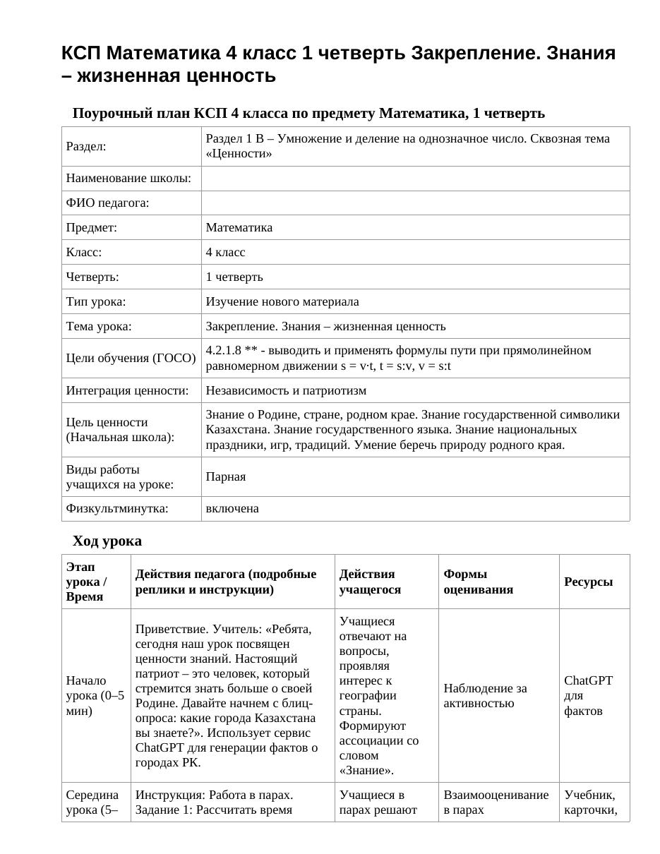 КСП Математика 4 класс 1 четверть Закрепление. Знания – жизненная ценность