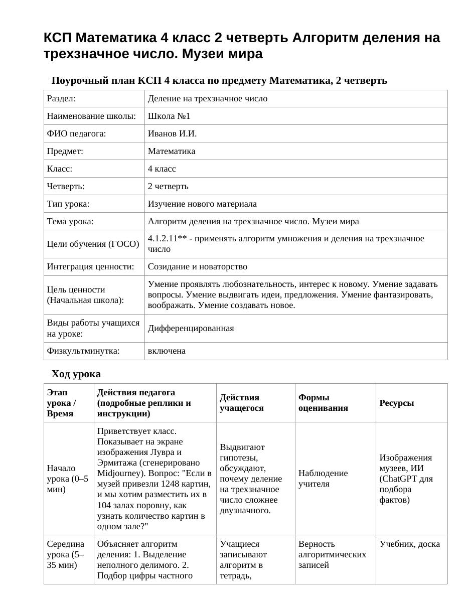 КСП Математика 4 класс 2 четверть Алгоритм деления на трехзначное число. Музеи мира
