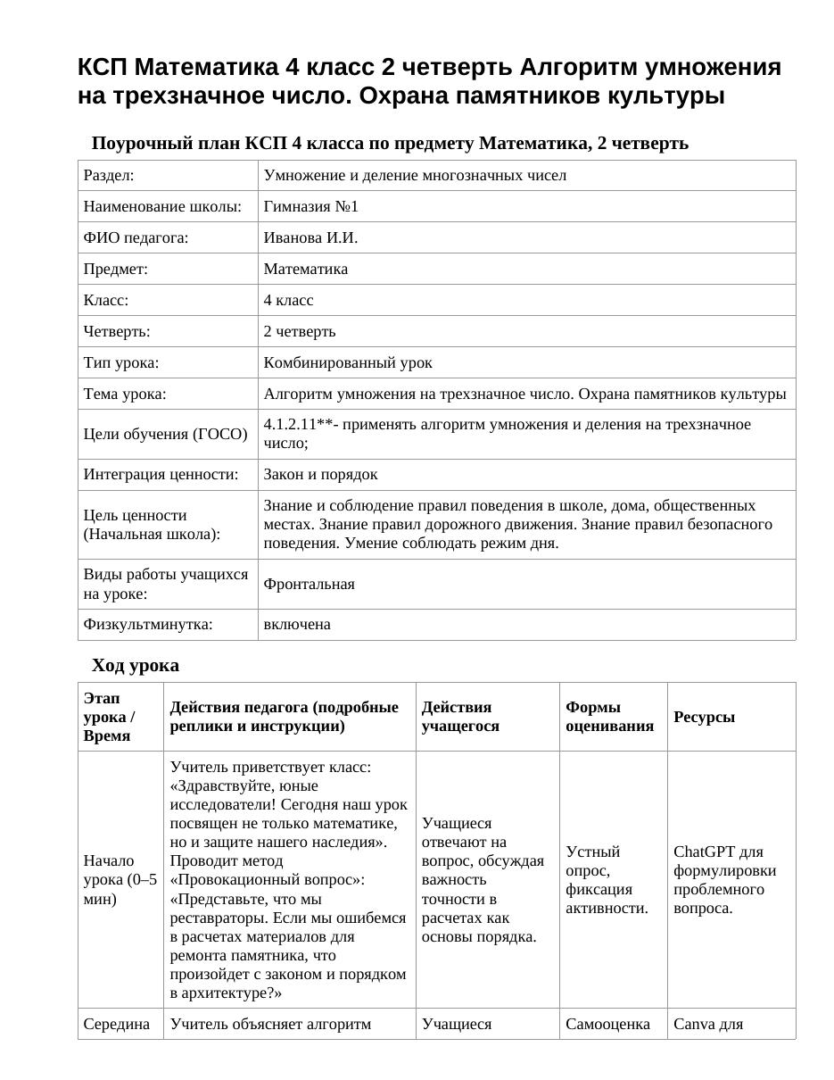 КСП Математика 4 класс 2 четверть Алгоритм умножения на трехзначное число. Охрана памятников культуры