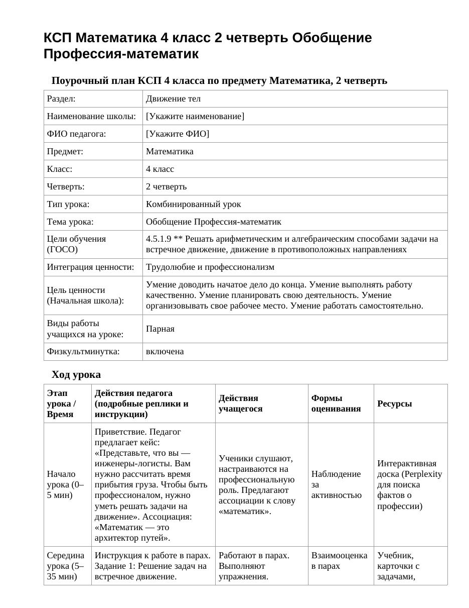 КСП Математика 4 класс 2 четверть Обобщение Профессия-математик