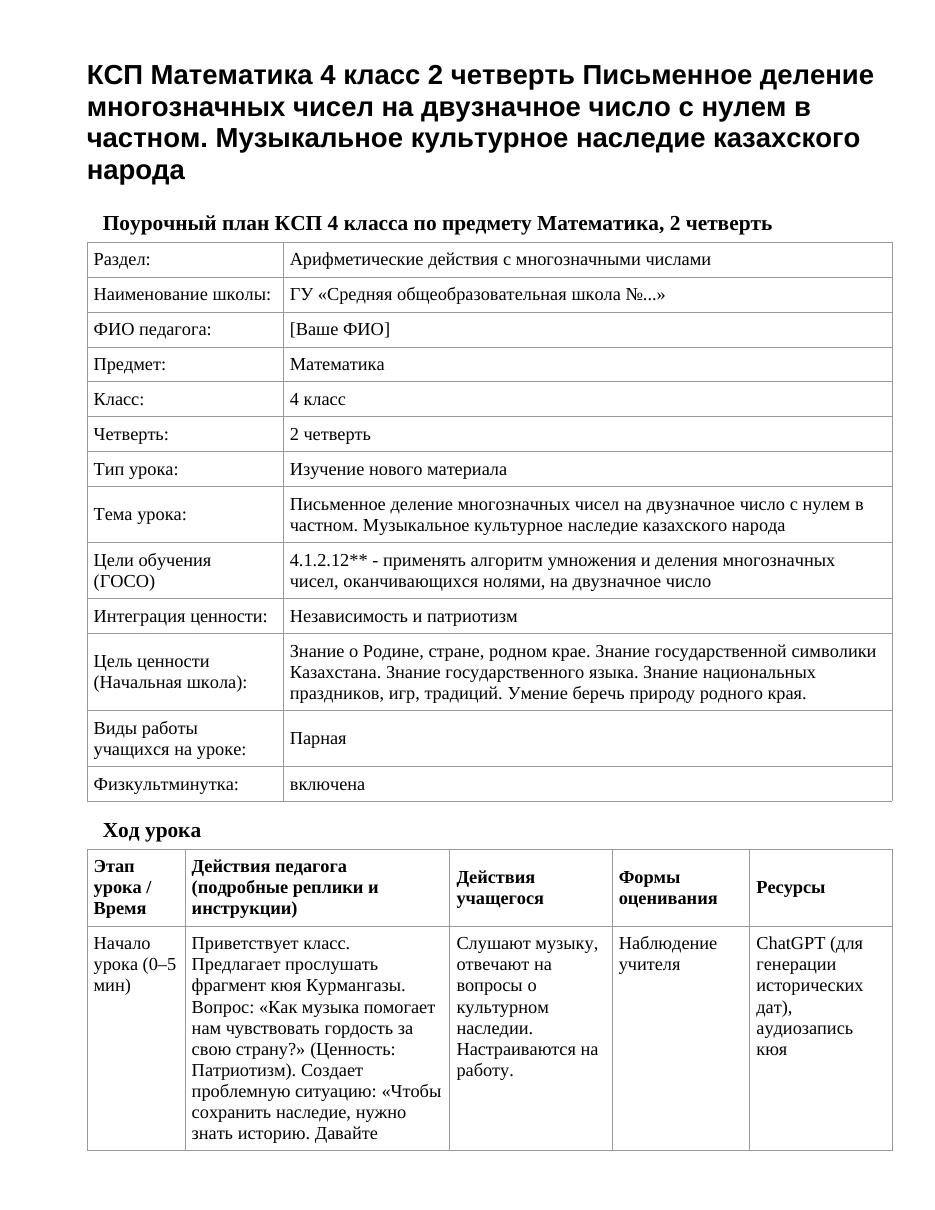 КСП Математика 4 класс 2 четверть Письменное деление многозначных чисел на двузначное число с нулем в частном. Музыкальное культурное наследие казахского народа
