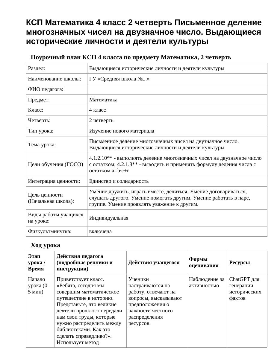 КСП Математика 4 класс 2 четверть Письменное деление многозначных чисел на двузначное число. Выдающиеся исторические личности и деятели культуры