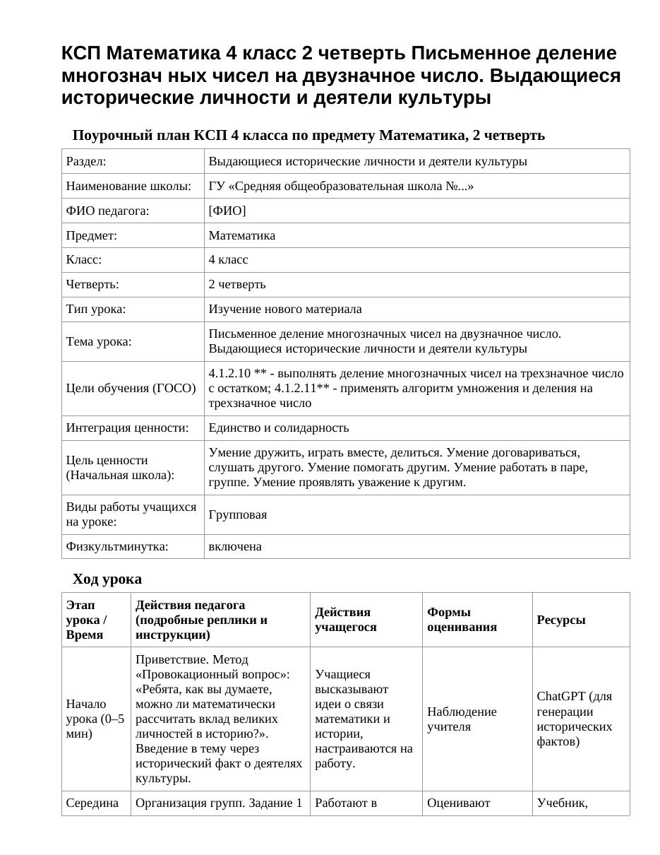 КСП Математика 4 класс 2 четверть Письменное деление многознач ных чисел на двузначное число. Выдающиеся исторические личности и деятели культуры