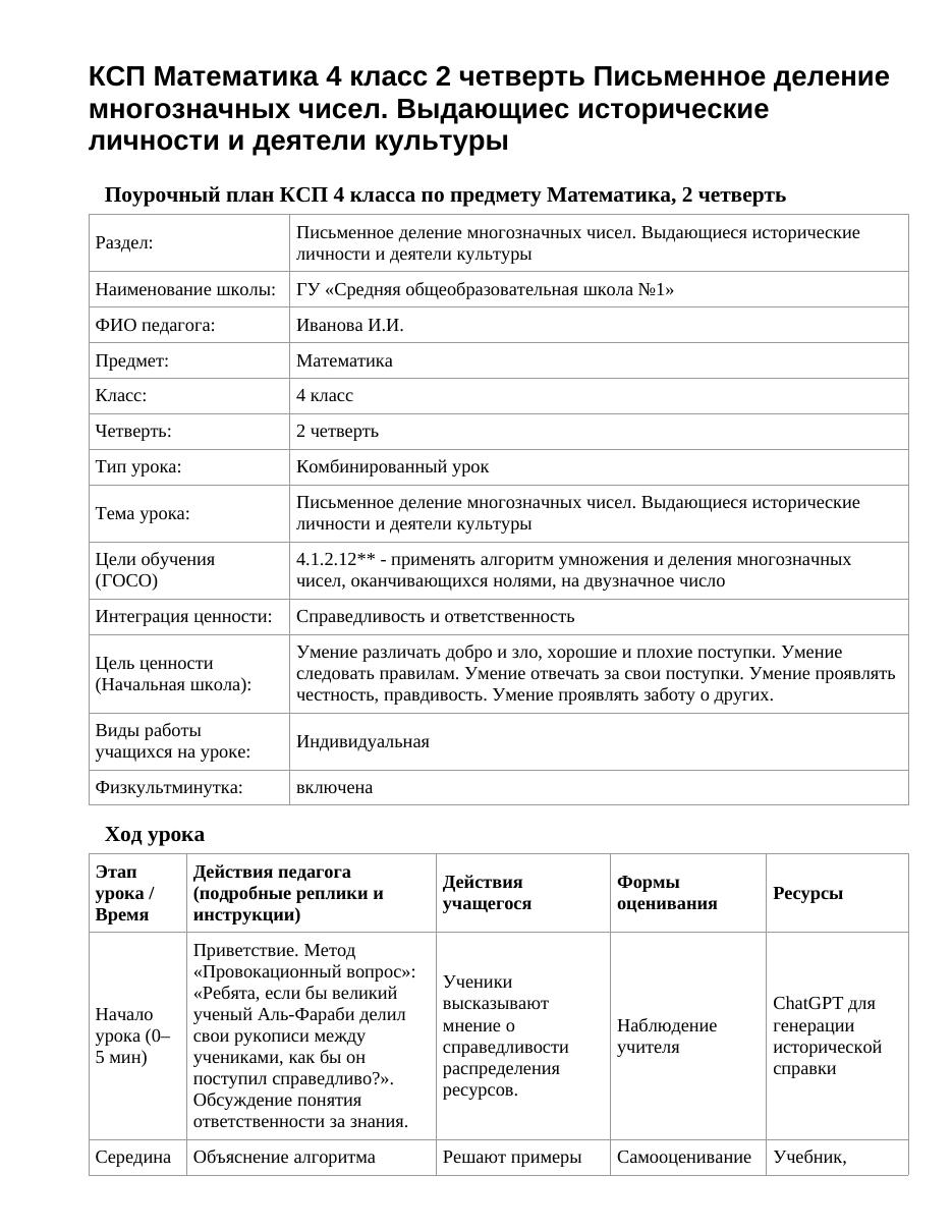 КСП Математика 4 класс 2 четверть Письменное деление многозначных чисел. Выдающиес исторические личности и деятели культуры
