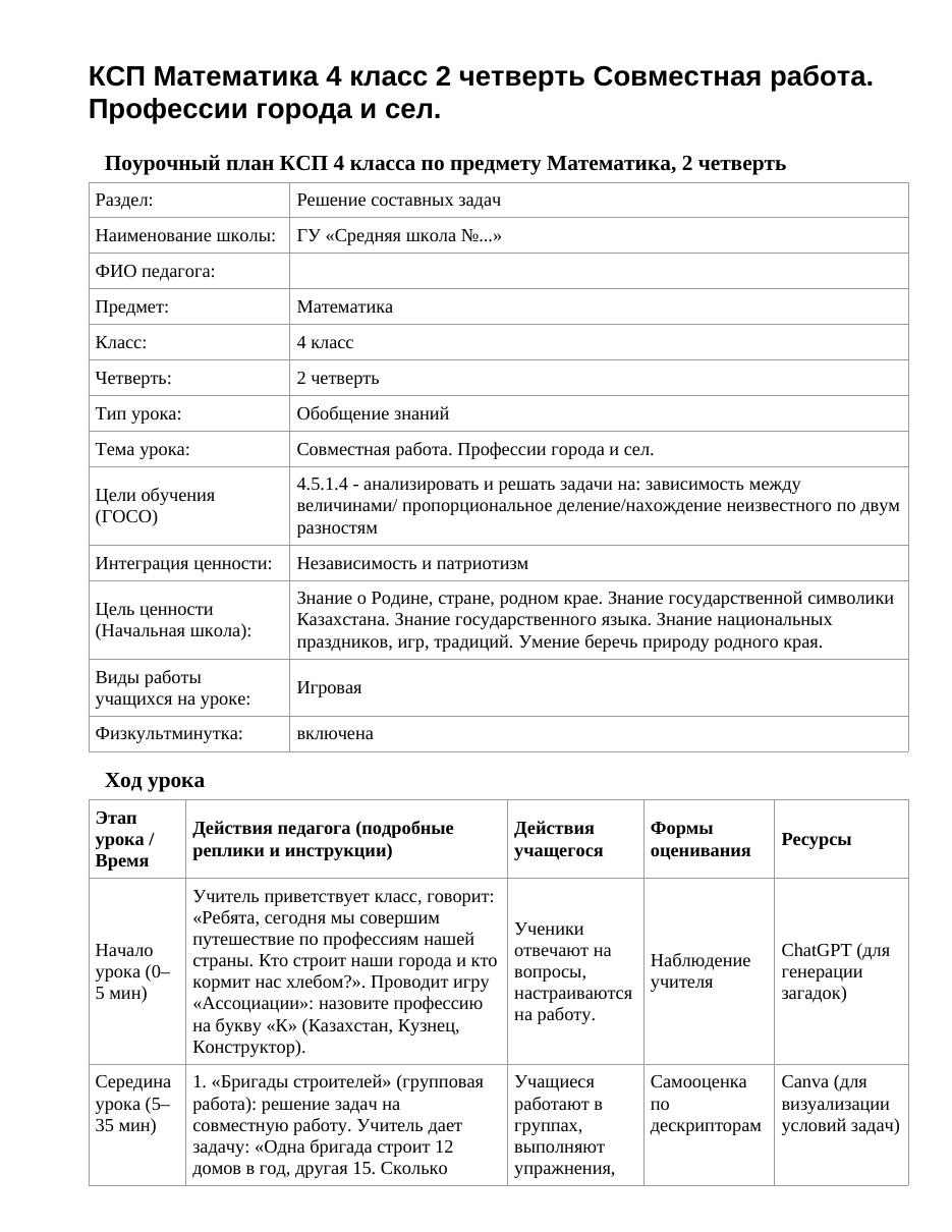 КСП Математика 4 класс 2 четверть Совместная работа. Профессии города и сел.