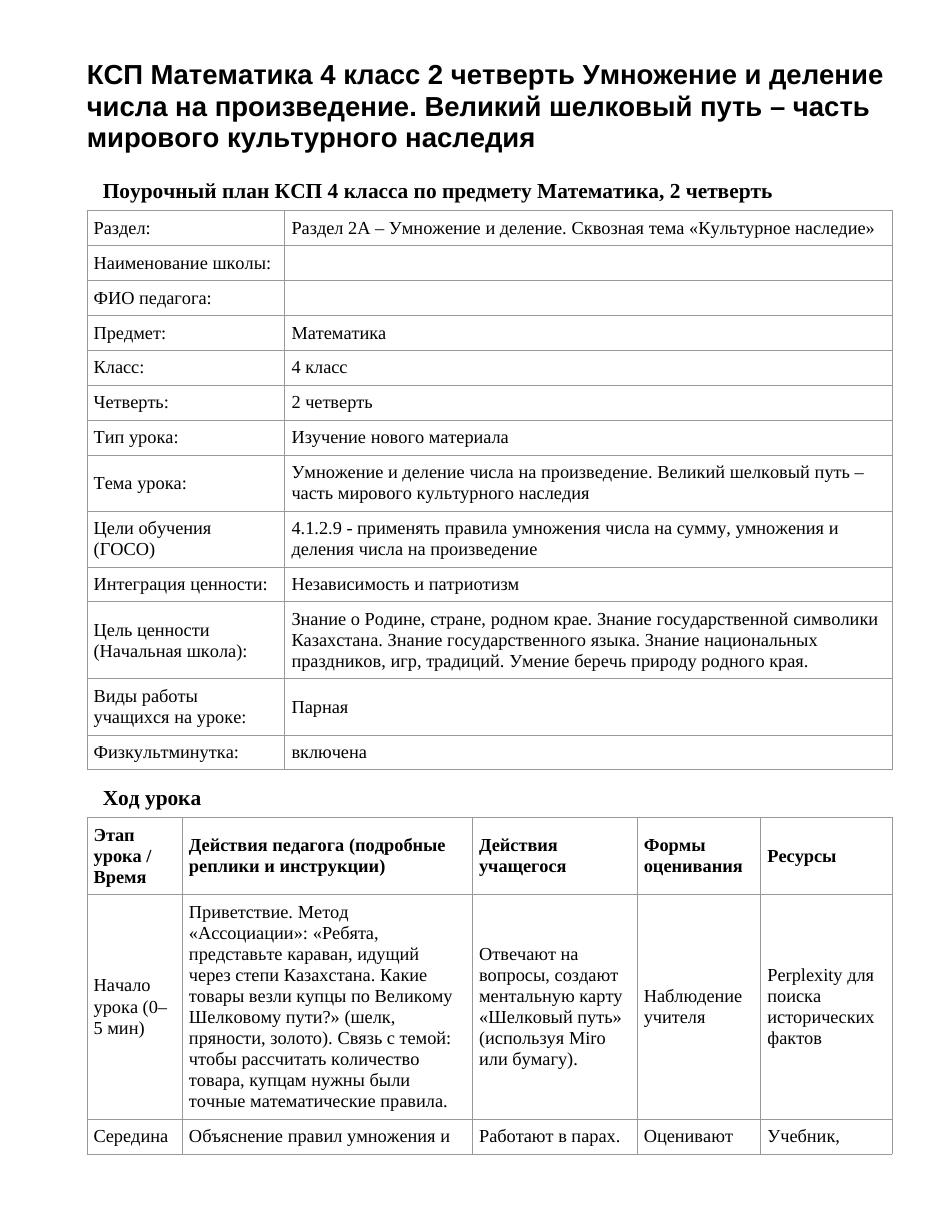 КСП Математика 4 класс 2 четверть Умножение и деление числа на произведение. Великий шелковый путь – часть мирового культурного наследия