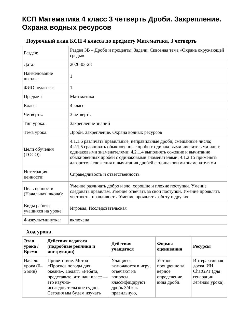 КСП Математика 4 класс 3 четверть Дроби. Закрепление. Охрана водных ресурсов