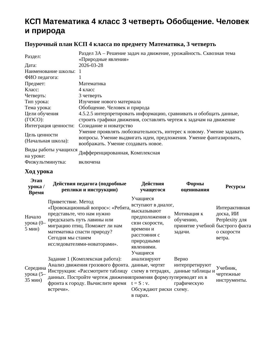 КСП Математика 4 класс 3 четверть Обобщение. Человек и природа