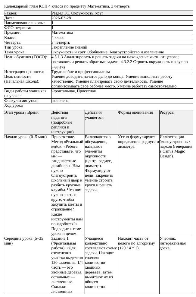 КСП Математика 4класс 3 четверть Окружность и круг Обобщение Благоустройств