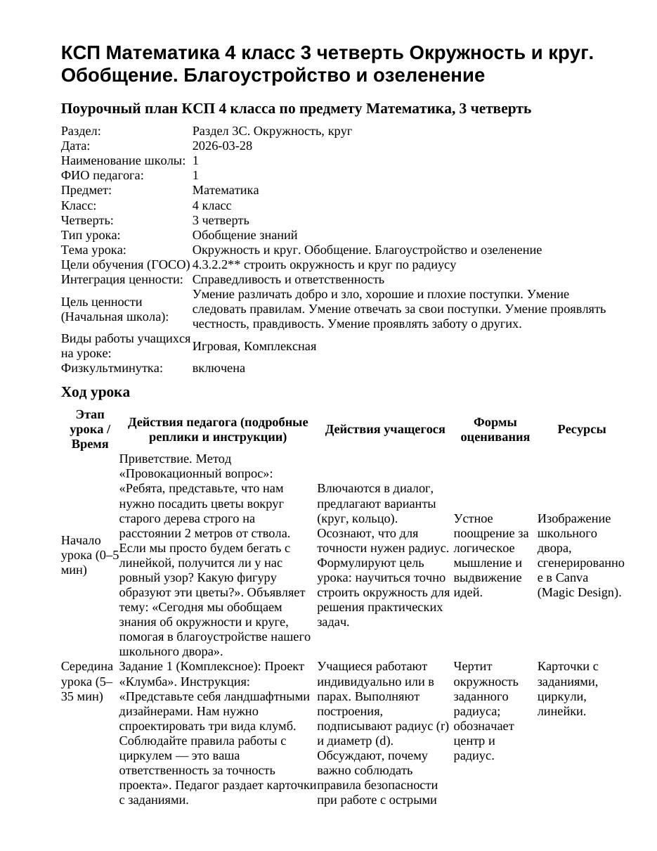 КСП Математика 4 класс 3 четверть Окружность и круг. Обобщение. Благоустройство и озеленение