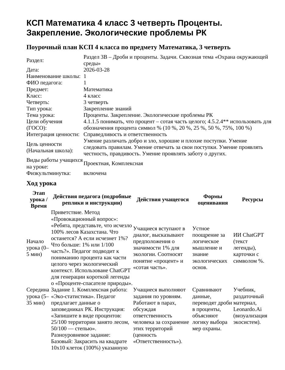 КСП Математика 4 класс 3 четверть Проценты. Закрепление. Экологические проблемы РК