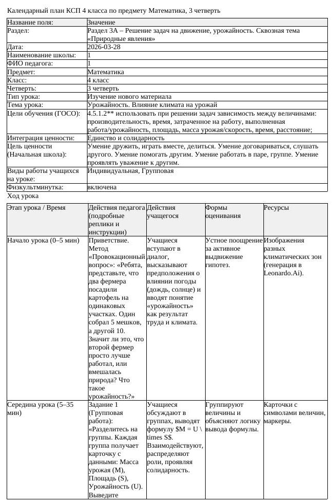 КСП Математика 4класс 3 четверть Урожайность Влияние климата на
