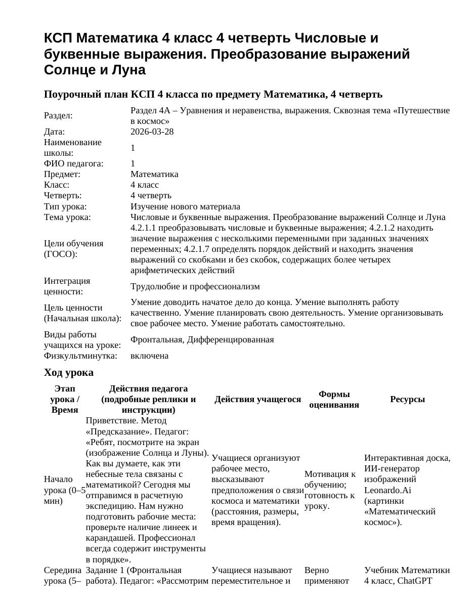 КСП Математика 4 класс 4 четверть Числовые и буквенные выражения. Преобразование выражений Солнце и Луна