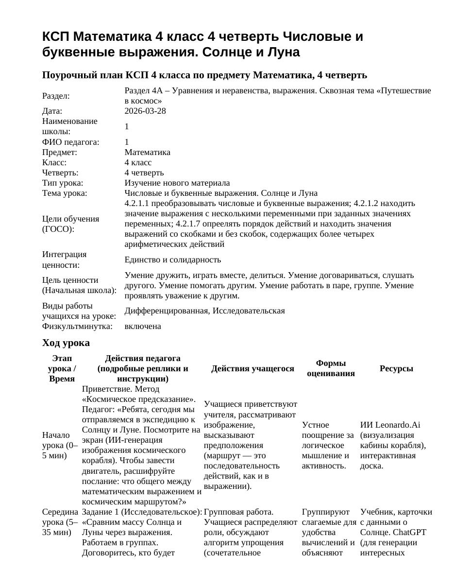 КСП Математика 4 класс 4 четверть Числовые и буквенные выражения. Солнце и Луна