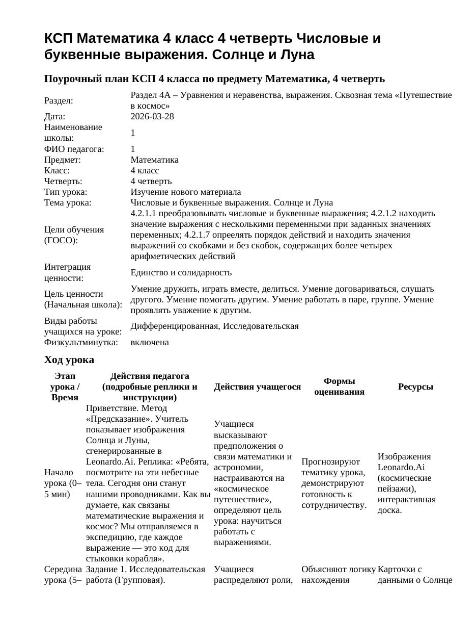КСП Математика 4 класс 4 четверть Числовые и буквенные выражения. Солнце и Луна