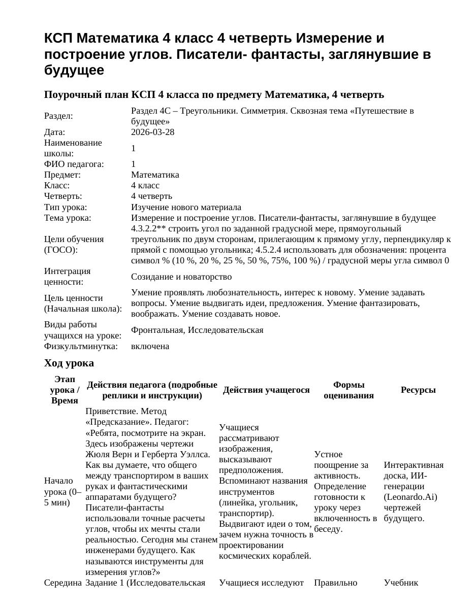 КСП Математика 4 класс 4 четверть Измерение и построение углов. Писатели- фантасты, заглянувшие в будущее