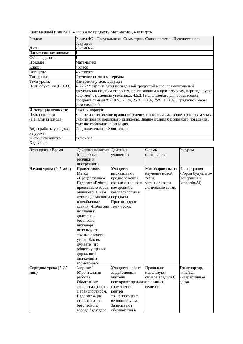 КСП Математика 4класс 4 четверть Измерение углов Будущее 20260328