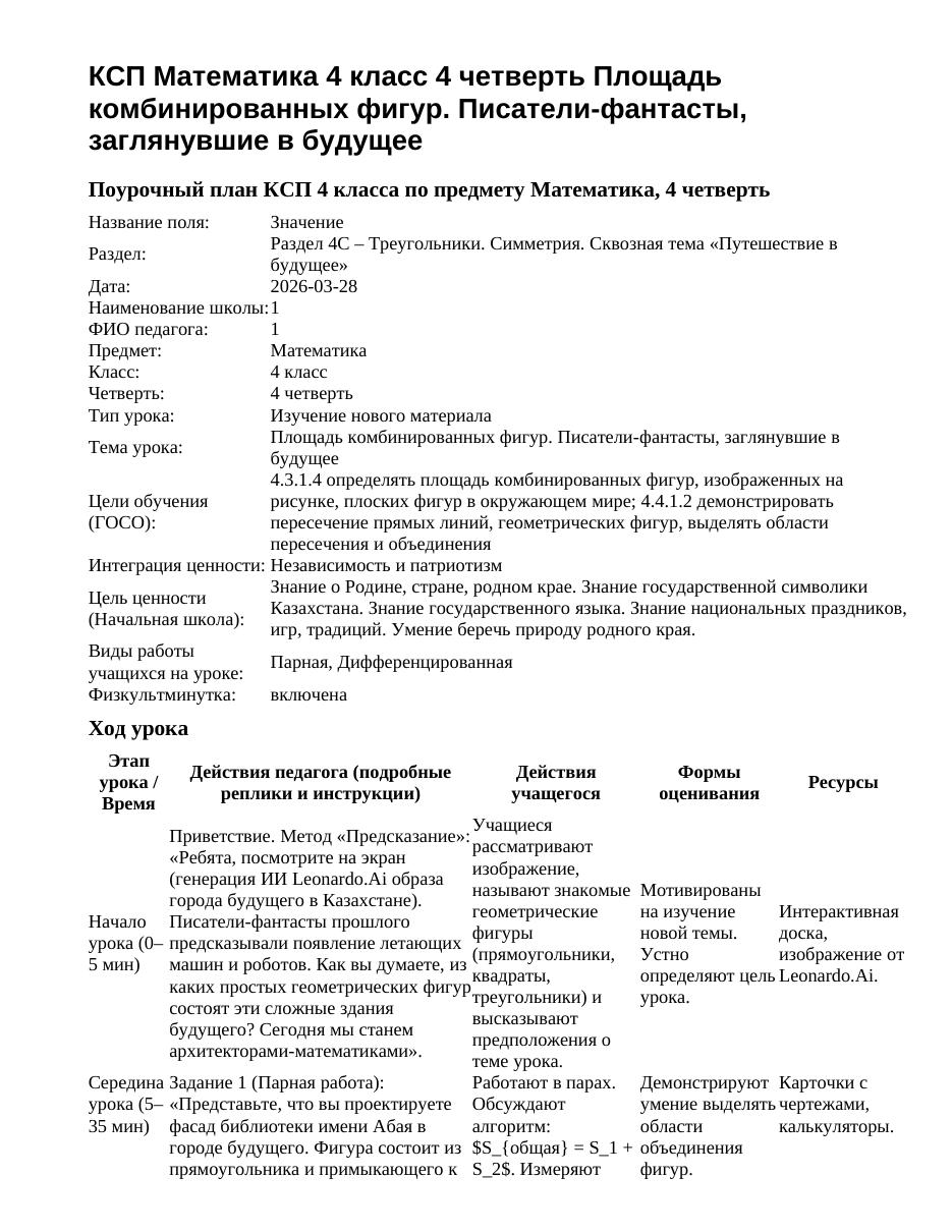 КСП Математика 4 класс 4 четверть Площадь комбинированных фигур. Писатели-фантасты, заглянувшие в будущее
