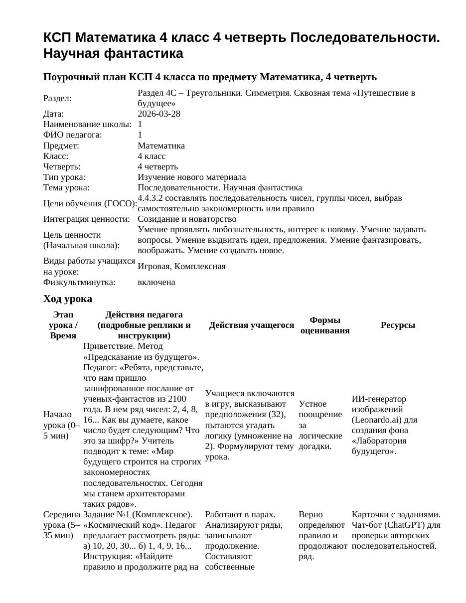 КСП Математика 4 класс 4 четверть Последовательности. Научная фантастика