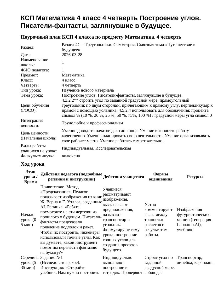 КСП Математика 4 класс 4 четверть Построение углов. Писатели-фантасты, заглянувшие в будущее.