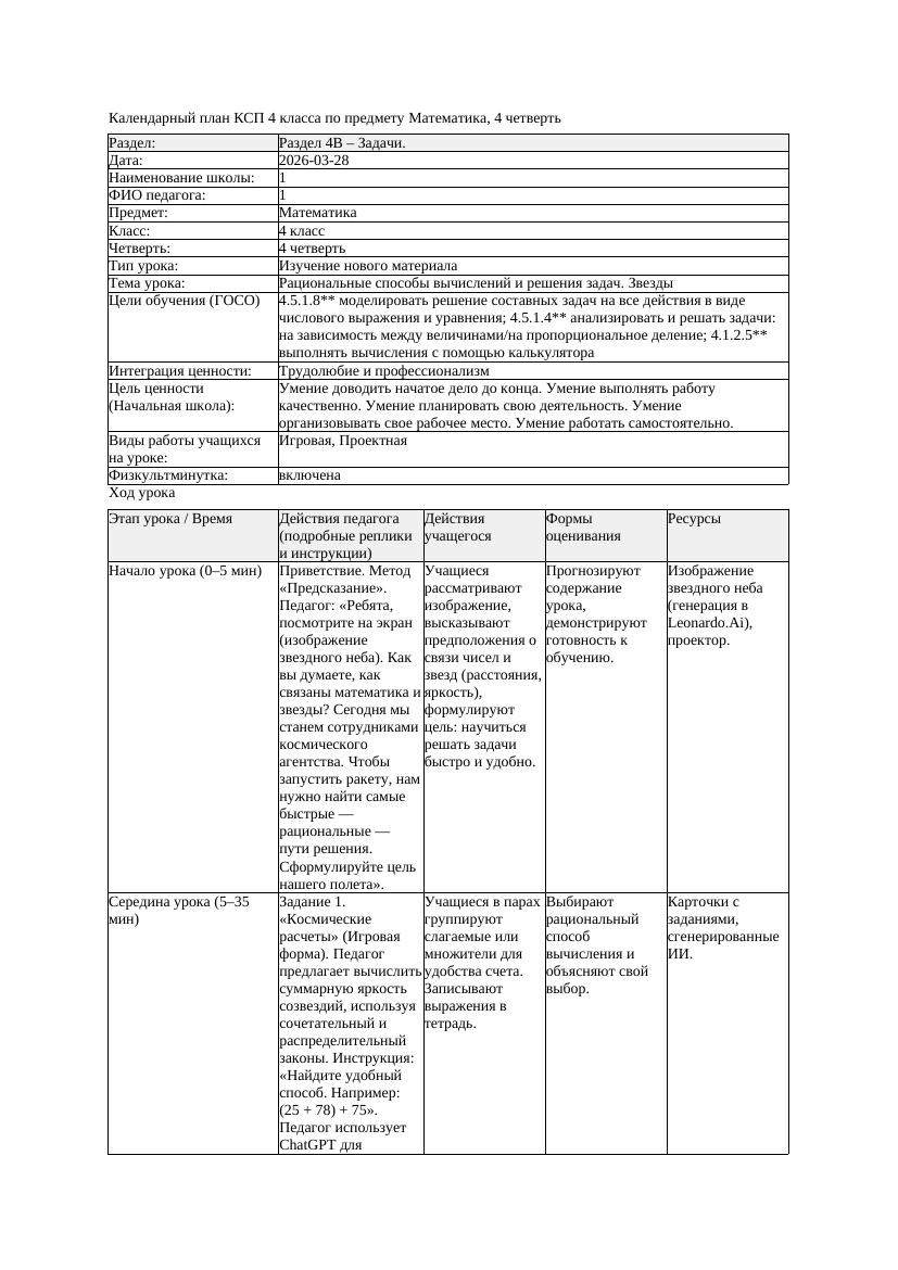 КСП Математика 4класс 4 четверть Рациональные способы вычислений