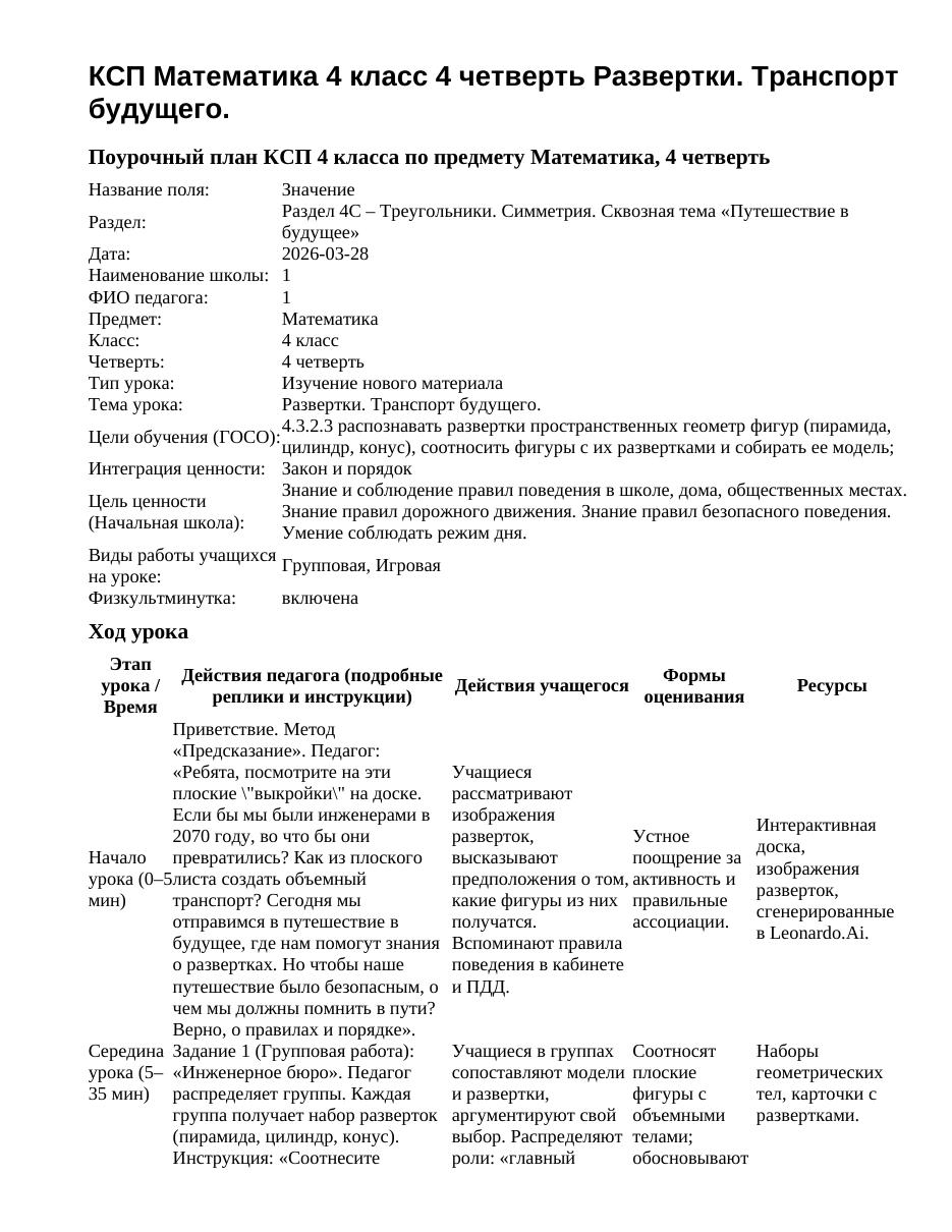 КСП Математика 4 класс 4 четверть Развертки. Транспорт будущего.