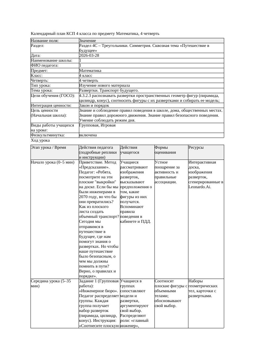 КСП Математика 4класс 4 четверть Развертки Транспорт будущего 20260328