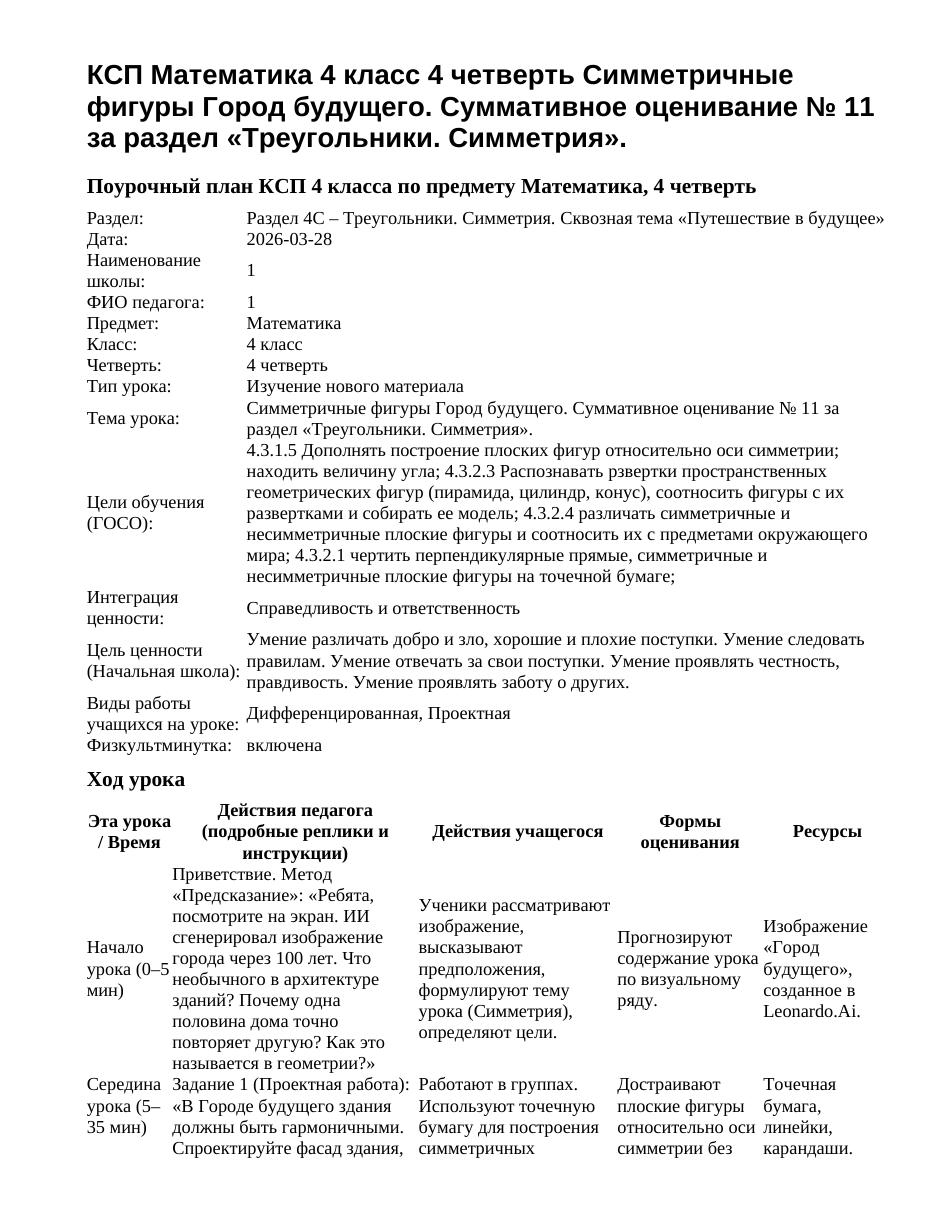 КСП Математика 4 класс 4 четверть Симметричные фигуры Город будущего. Суммативное оценивание № 11 за раздел «Треугольники. Симметрия».