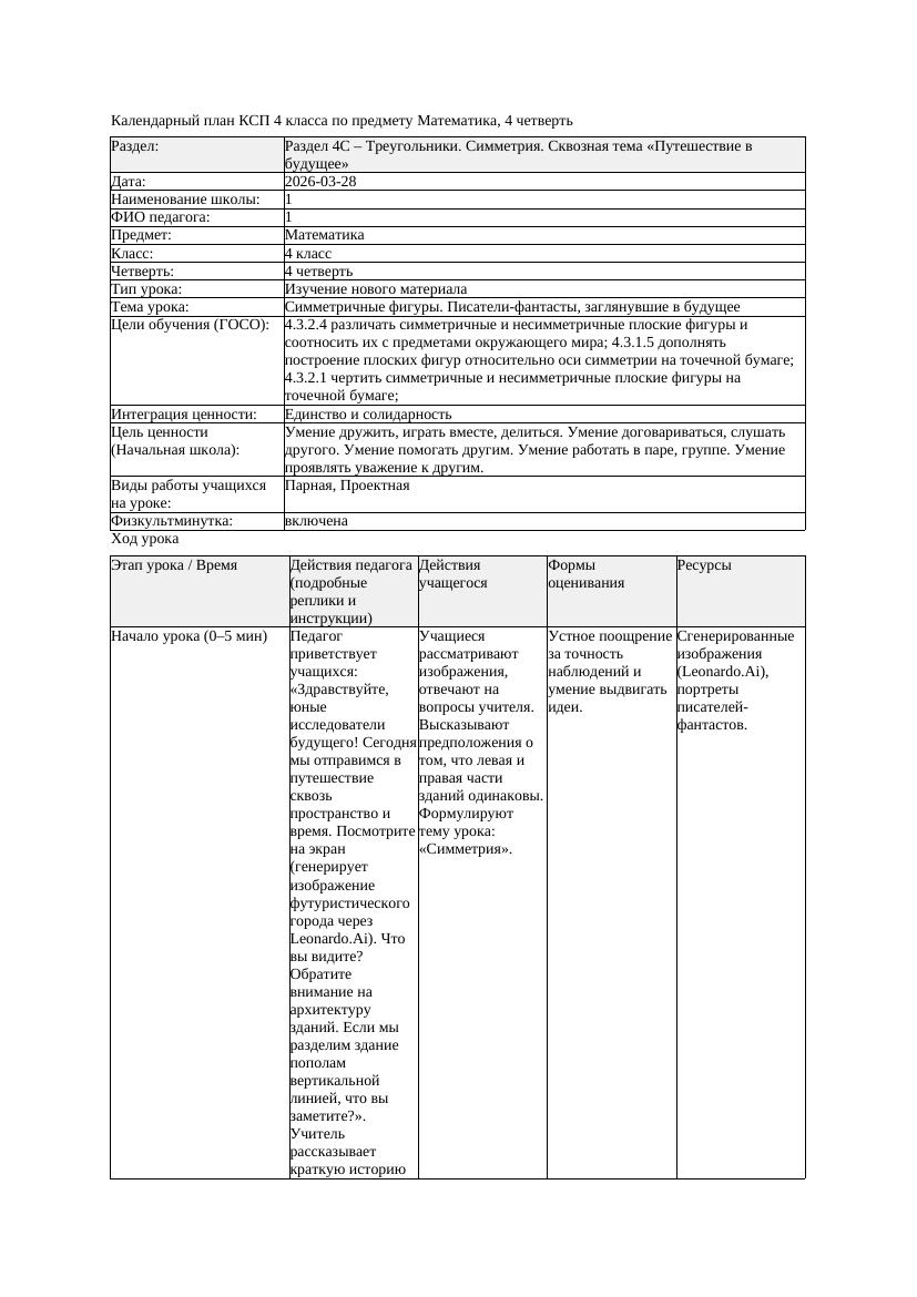 КСП Математика 4класс 4 четверть Симметричные фигуры Писатели фантасты