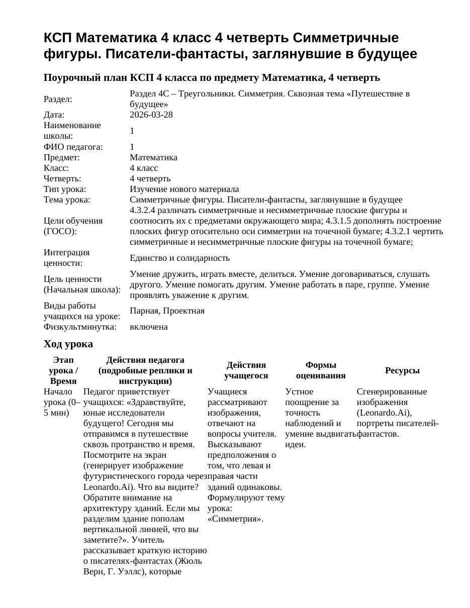 КСП Математика 4 класс 4 четверть Симметричные фигуры. Писатели-фантасты, заглянувшие в будущее