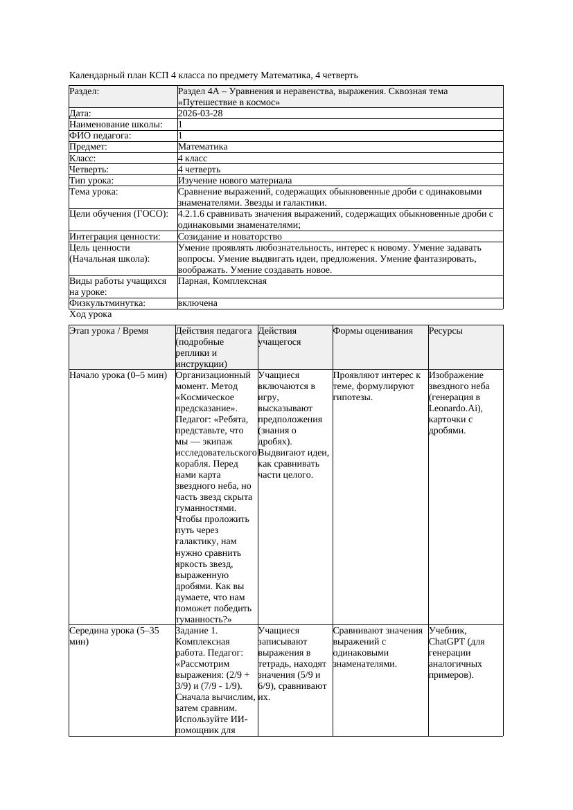КСП Математика 4класс 4 четверть Сравнение выражений содержа щих