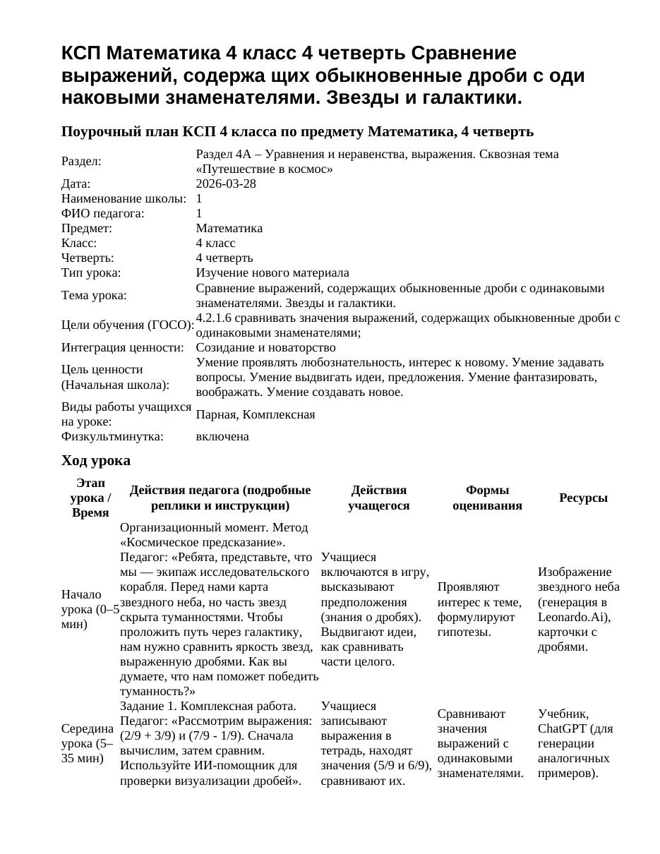 КСП Математика 4 класс 4 четверть Сравнение выражений, содержа щих обыкновенные дроби с оди наковыми знаменателями. Звезды и галактики.