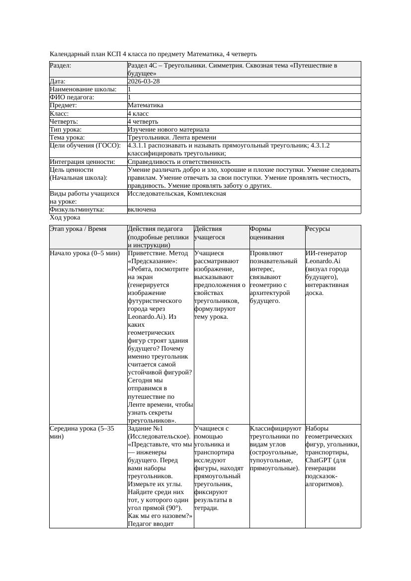КСП Математика 4класс 4 четверть Треугольники Лента времени 20260328