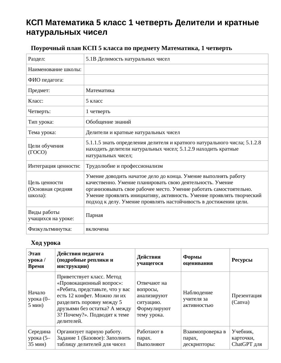 КСП Математика 5 класс 1 четверть Делители и кратные натуральных чисел