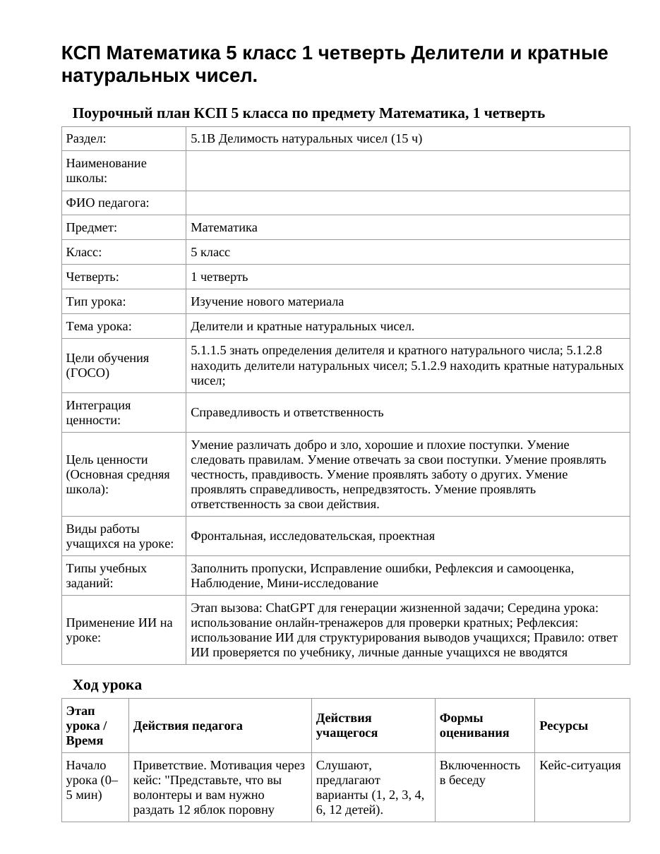 КСП Математика 5 класс 1 четверть Делители и кратные натуральных чисел.