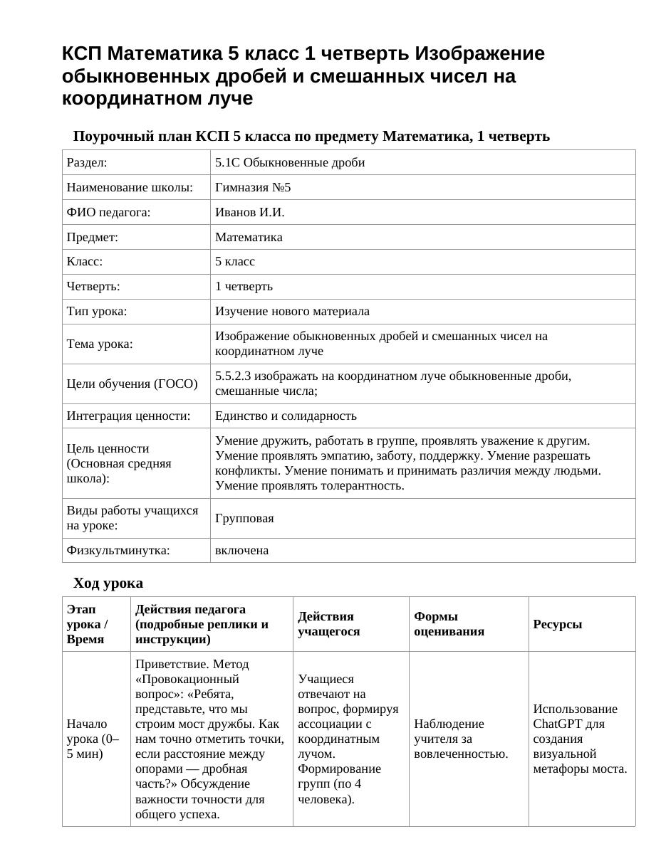 КСП Математика 5 класс 1 четверть Изображение обыкновенных дробей и смешанных чисел на координатном луче