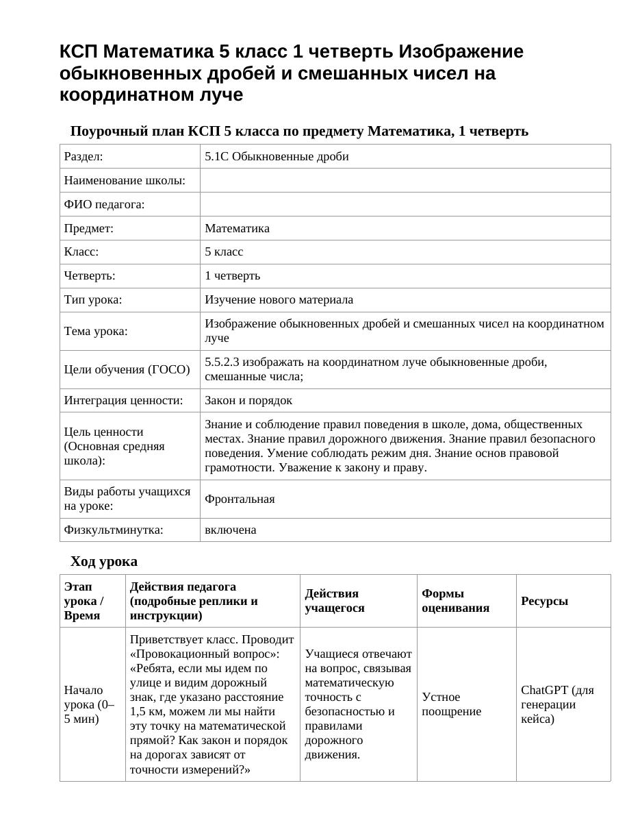 КСП Математика 5 класс 1 четверть Изображение обыкновенных дробей и смешанных чисел на координатном луче