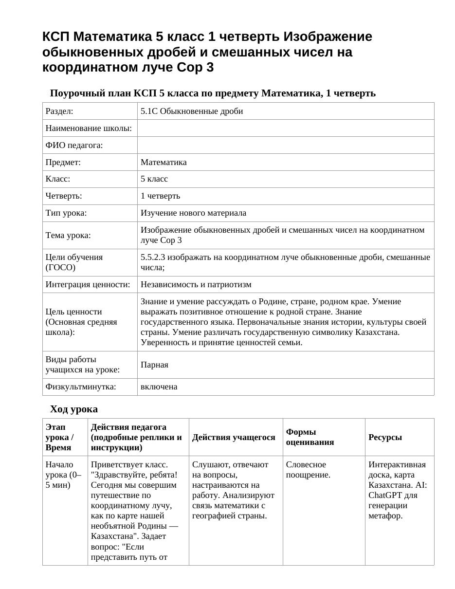 КСП Математика 5 класс 1 четверть Изображение обыкновенных дробей и смешанных чисел на координатном луче Сор 3