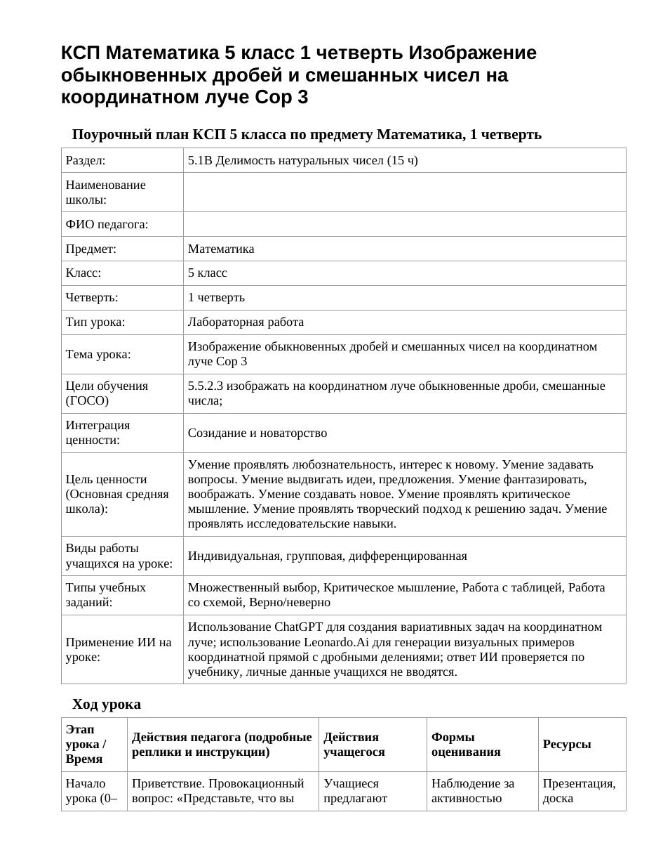КСП Математика 5 класс 1 четверть Изображение обыкновенных дробей и смешанных чисел на координатном луче Сор 3