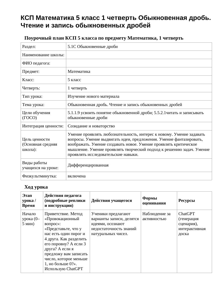 КСП Математика 5 класс 1 четверть Обыкновенная дробь. Чтение и запись обыкновенных дробей