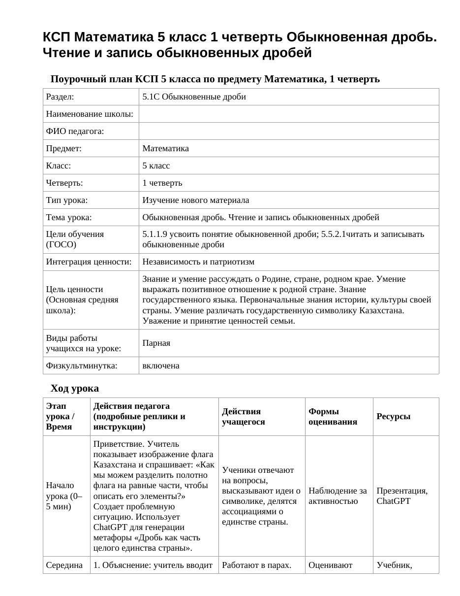КСП Математика 5 класс 1 четверть Обыкновенная дробь. Чтение и запись обыкновенных дробей
