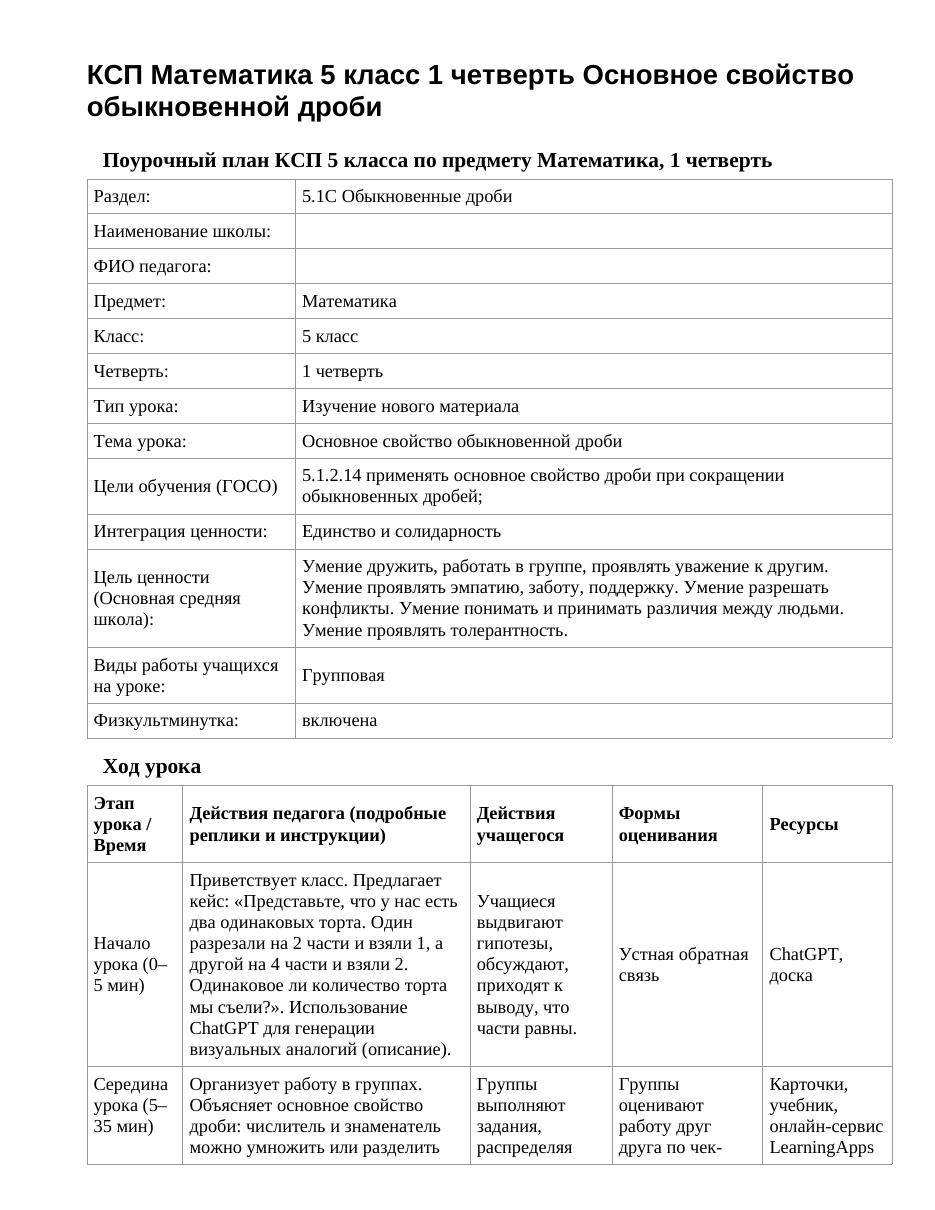 КСП Математика 5 класс 1 четверть Основное свойство обыкновенной дроби