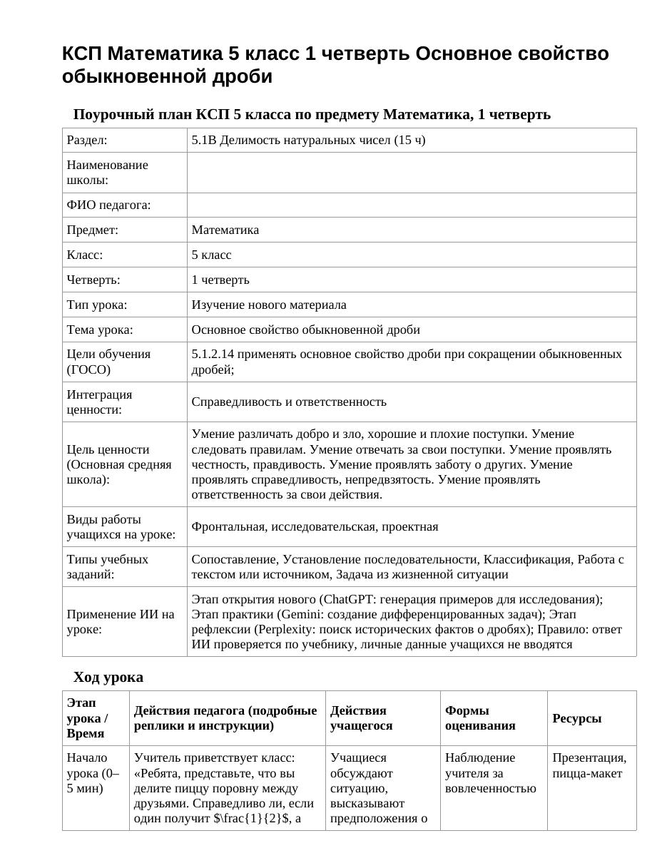 КСП Математика 5 класс 1 четверть Основное свойство обыкновенной дроби